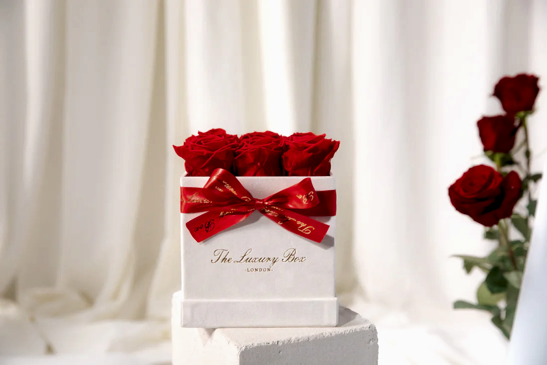 red infinity roses that last for years in square box, the perfect Valentine's Day gift delivered