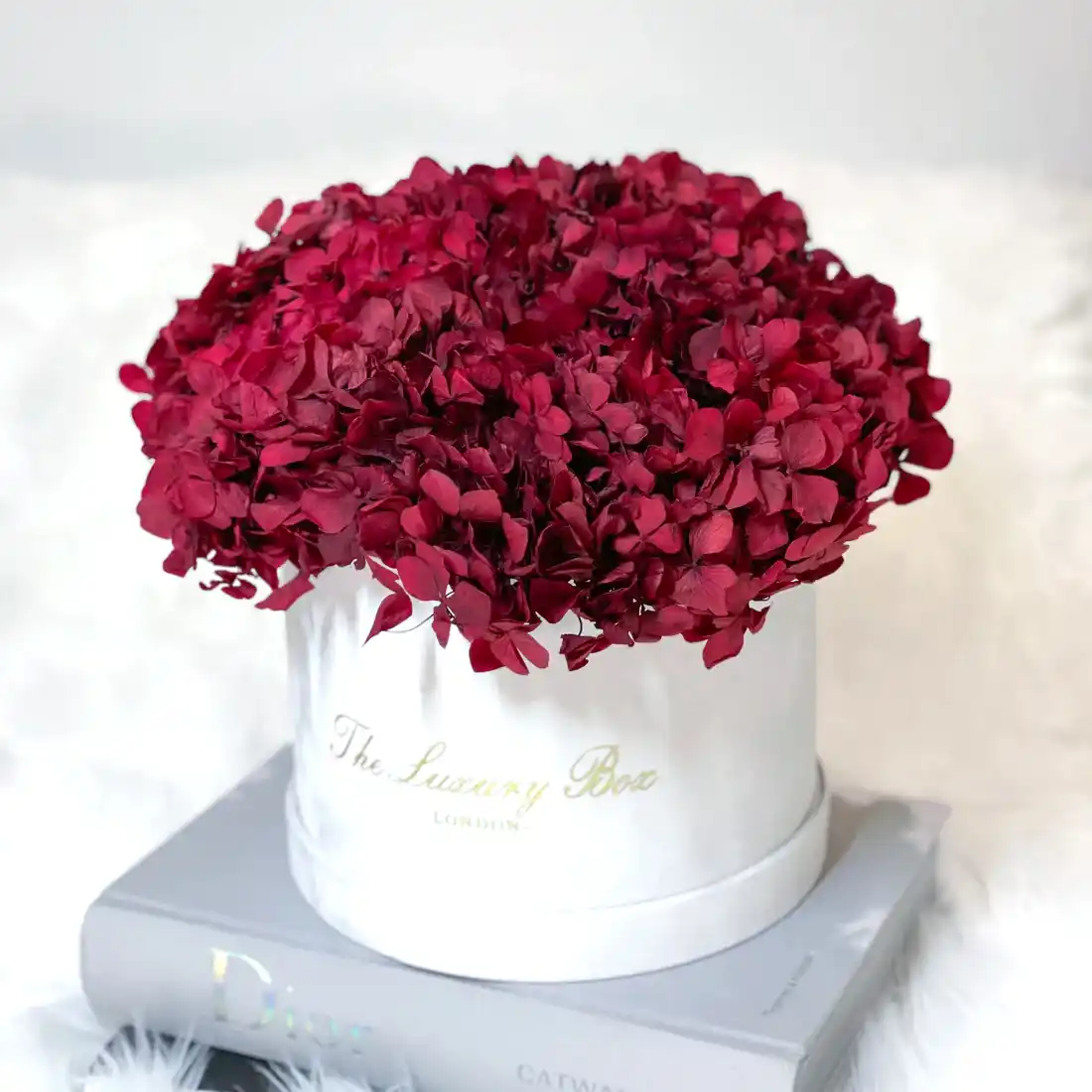Red preserved hydrangea in box preserved flowers bouquet for flower delivery UK