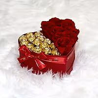 Red infinity roses and chocolate for Valentine's Day delivery in heart shaped box
