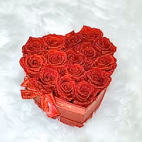 Red infinity roses for Valentine's Day delivery in heart shaped box