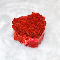 Red infinity roses for Valentine's Day delivery in heart shaped box