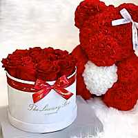 Red & White Rose Bear & Eternity Rose Box Set | Luxury Birthday or Anniversary Gift Set