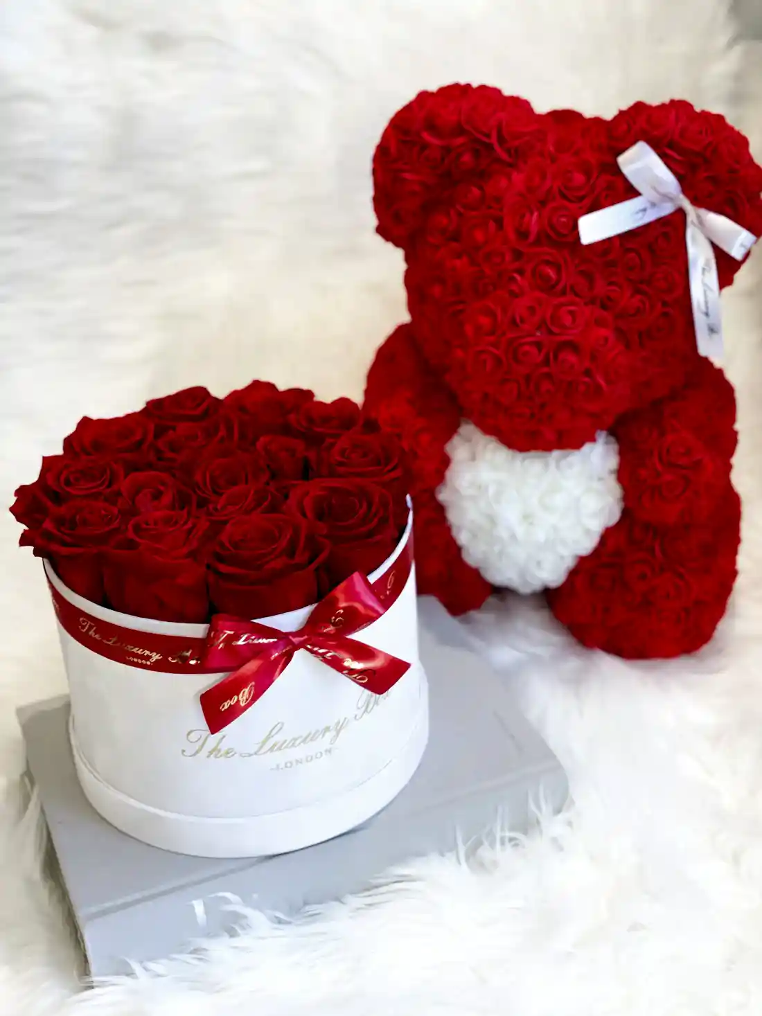 Red Rose bear and Eternity roses box set luxury gift for Valentine's Day, birthdays, wedding anniversary, new baby gift and special occasions