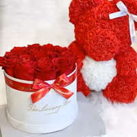 Red Rose bear and Eternity roses box set luxury gift for birthdays, wedding anniversary, new baby gift and special occasions