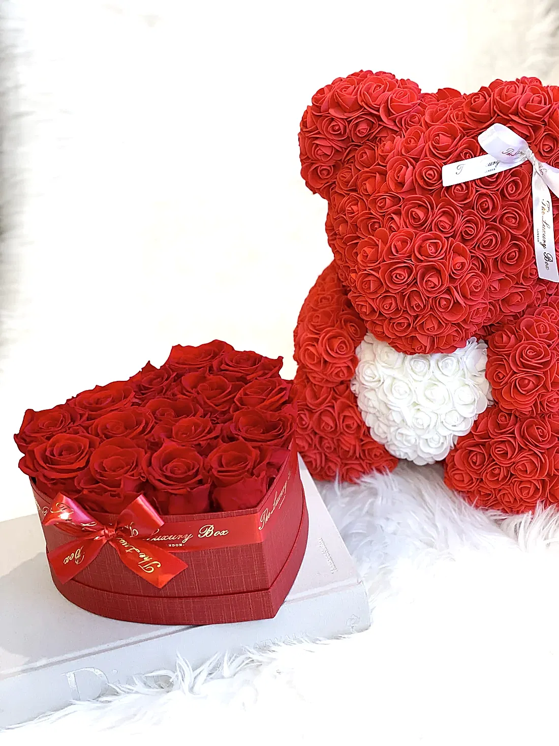 Red Rose Bear & Heart Shaped Rose Box Set | Elegant and Romantic Gift Set for Her