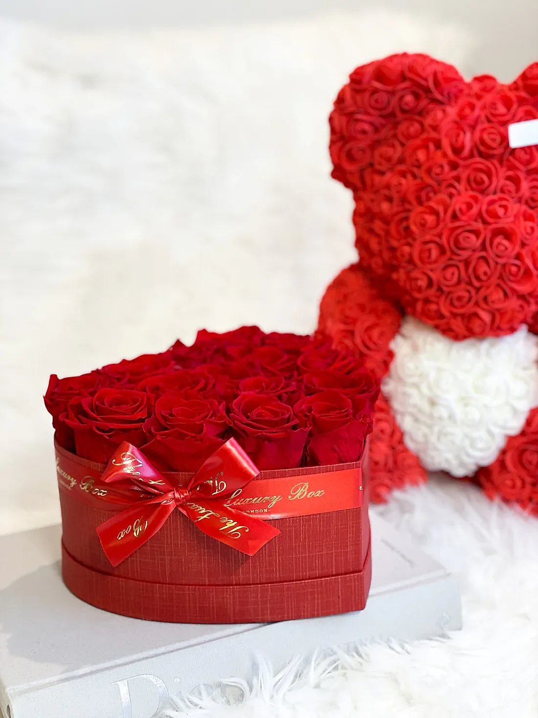 Red Rose Bear & Heart Shaped Rose Box Set | Elegant and Romantic Gift Set for Her