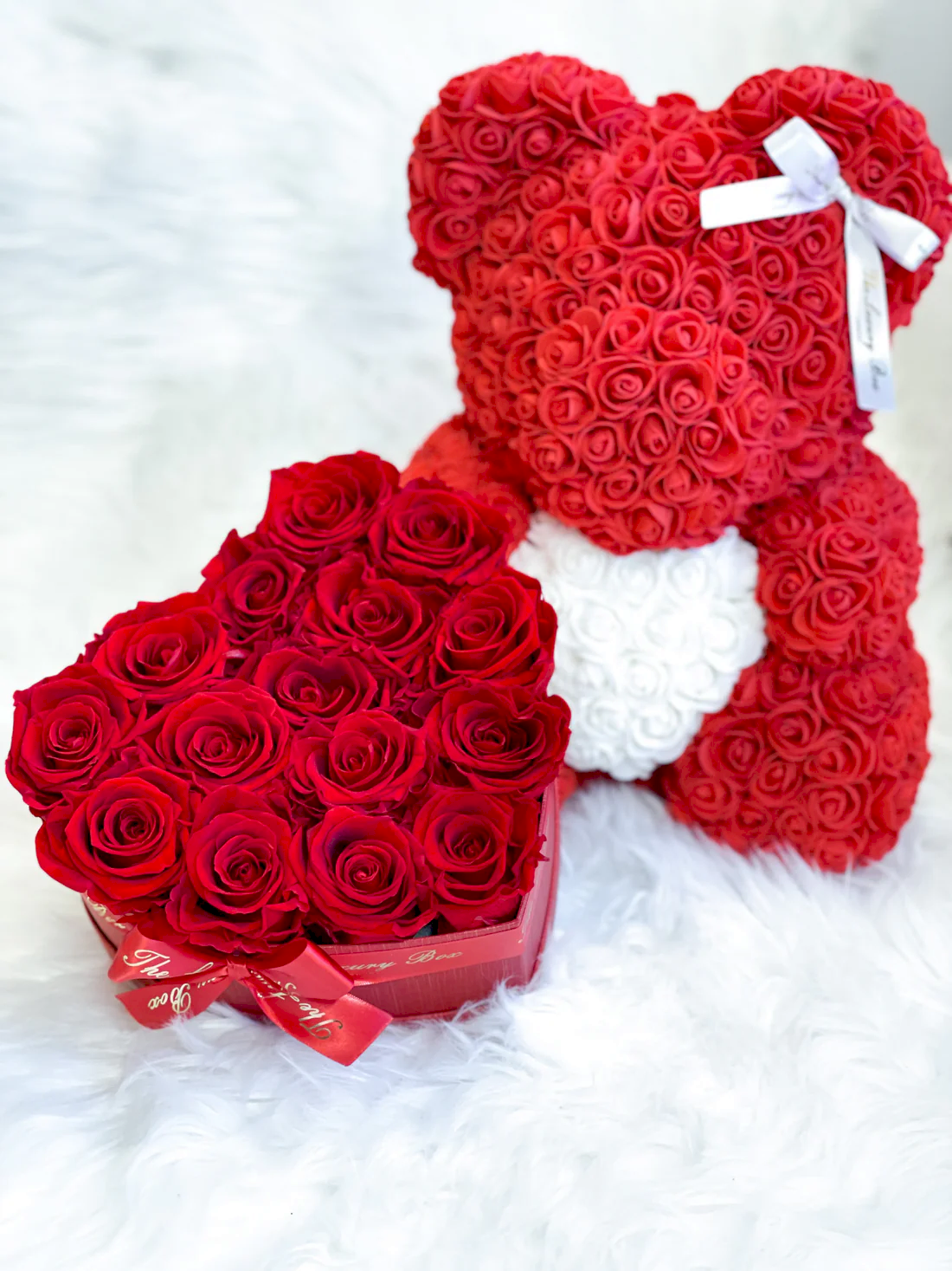 Red Rose Bear & Heart Shaped Rose Box Set | Elegant and Romantic Gift Set for Her