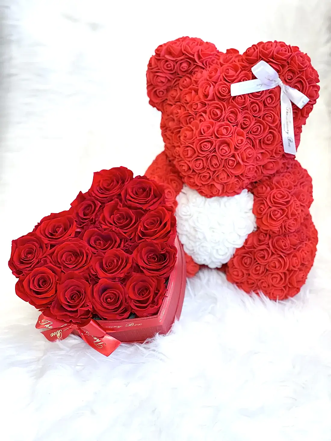 Red Rose Bear & Heart Shaped Rose Box Set | Elegant and Romantic Gift Set for Her