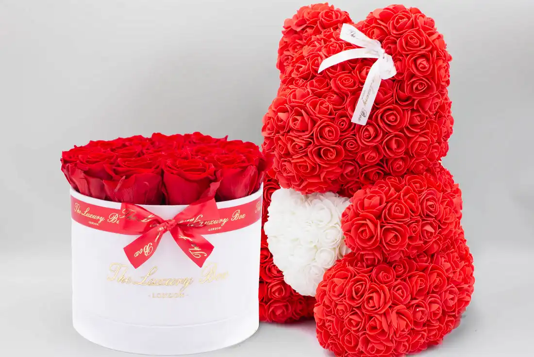 Red Rose bear and Eternity roses box set luxury gift for Valentine's Day, birthdays, wedding anniversary, new baby gift and special occasions