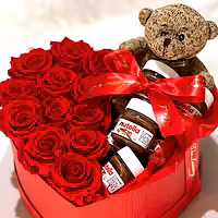 Preserved eternity roses and nutella gift set in heart shaped box with teddy bear