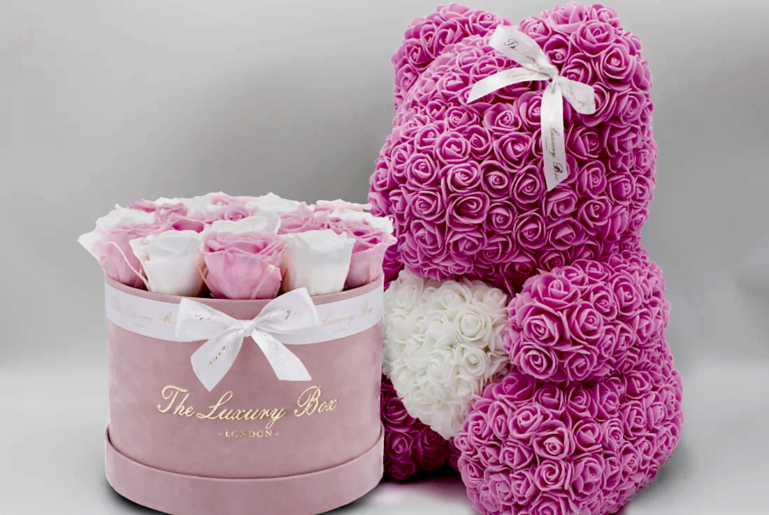 Pink Rose bear and infinity roses box set luxury gift for birthdays, wedding anniversary, new baby gift and special occasions