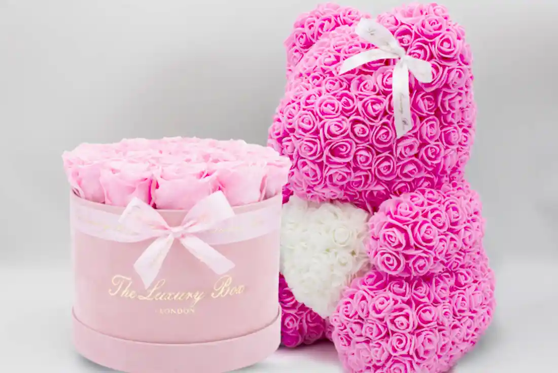 Pink Rose bear and Eternity roses box set luxury gift for birthdays, wedding anniversary, new baby gift and special occasions