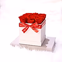 red eternity roses in white square rose box