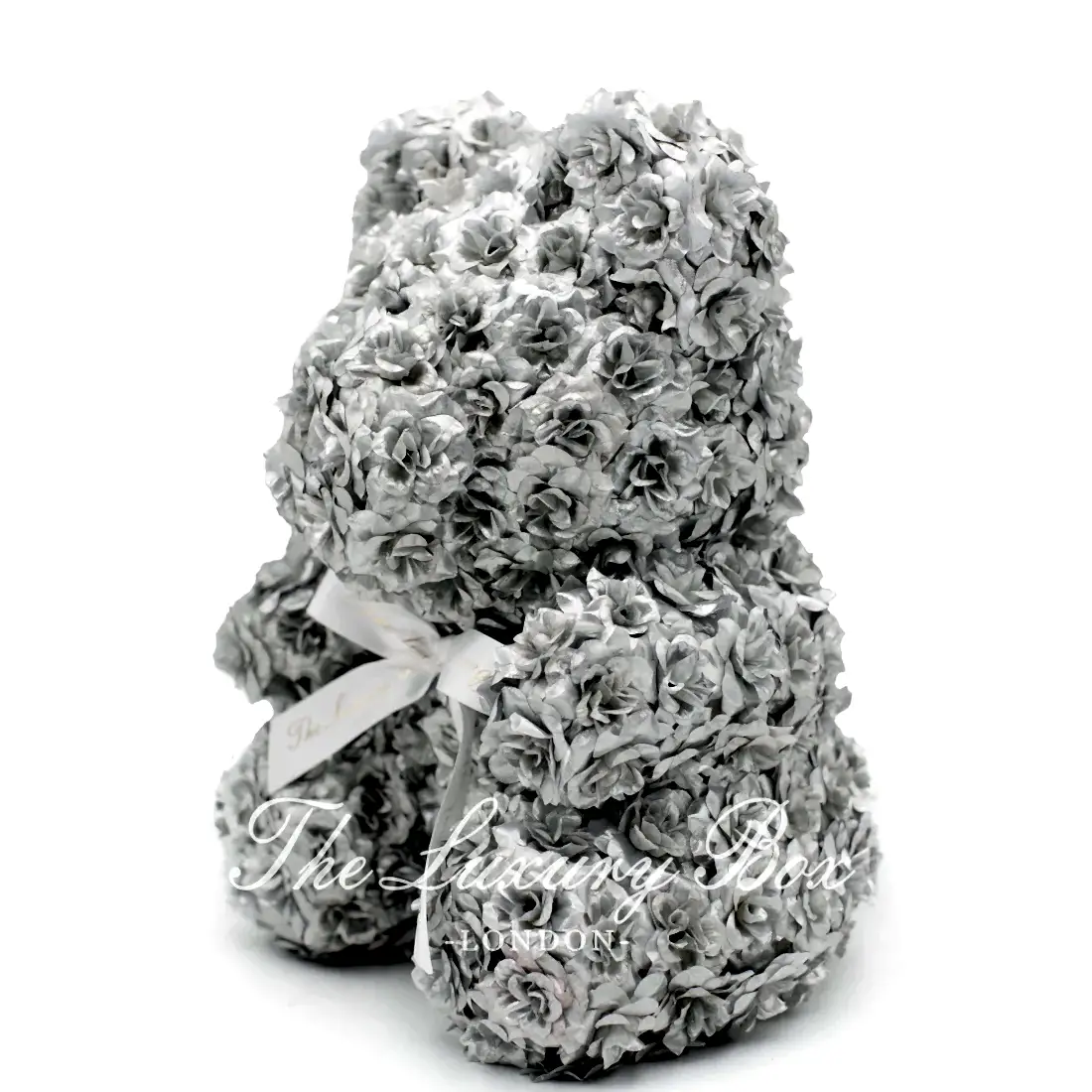Silver Rose Bear with Ribbon 14 in. - Luxury Box London