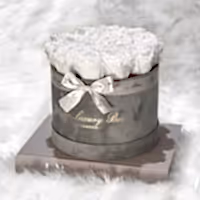 red eternity roses in grey velvet box