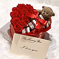 Preserved eternity roses and nutella gift set in heart shaped box with teddy bear and i love you card