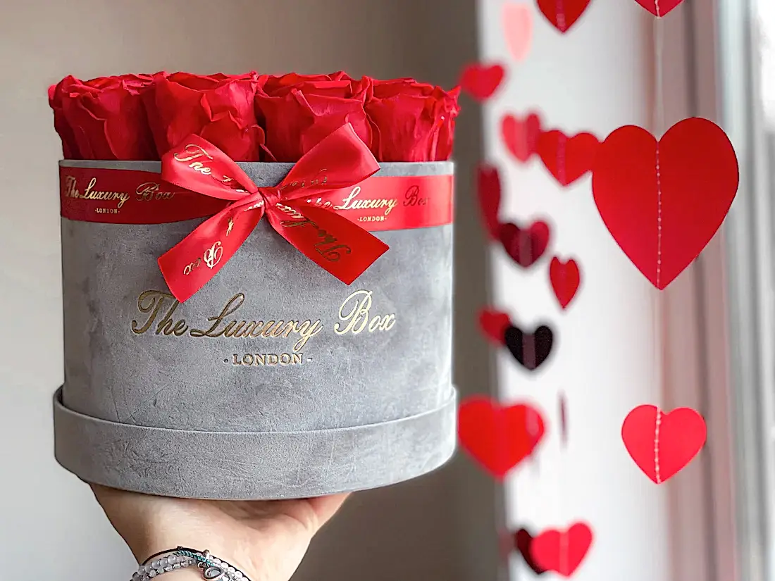 valentine's day preserved eternity red roses in velvet grey box