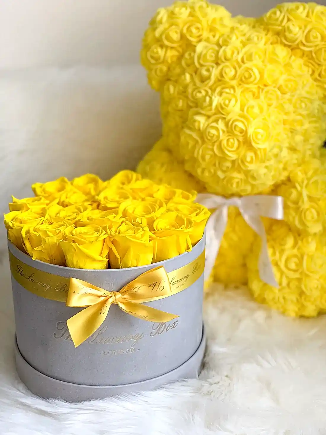 yellow rose teddy bear with preserved eternity roses in box