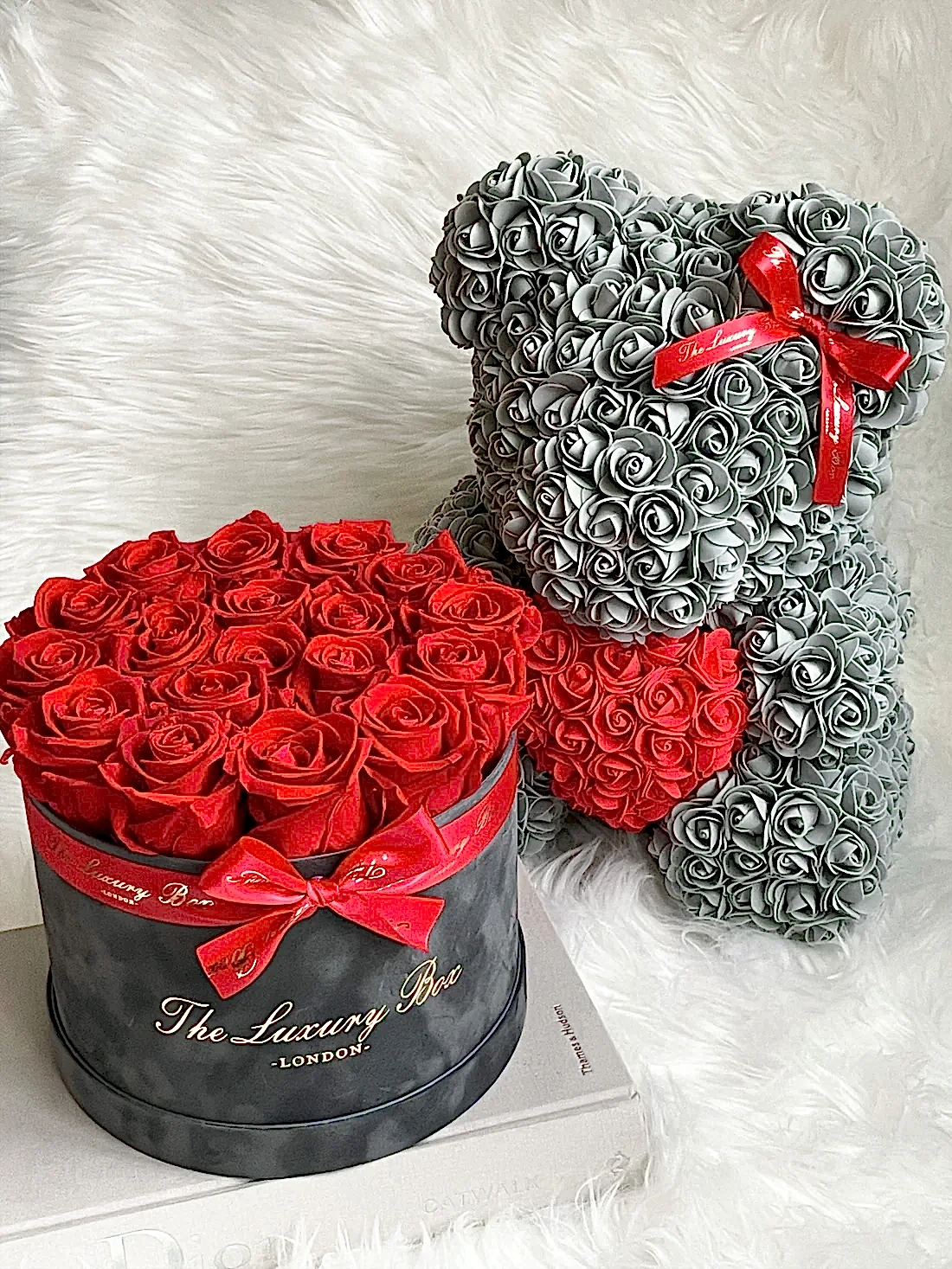 Grey and red Rose bear and Eternity roses in a box set luxury gift for birthdays, wedding anniversary, new baby gift and special occasions