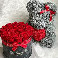 Grey and red Rose bear and Eternity roses in a box set luxury gift for birthdays, wedding anniversary, new baby gift and special occasions