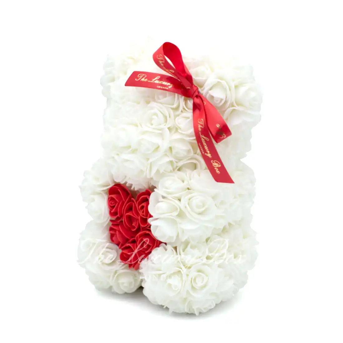 Small Rose Bear - White With Heart - 10IN. - Luxury Box London